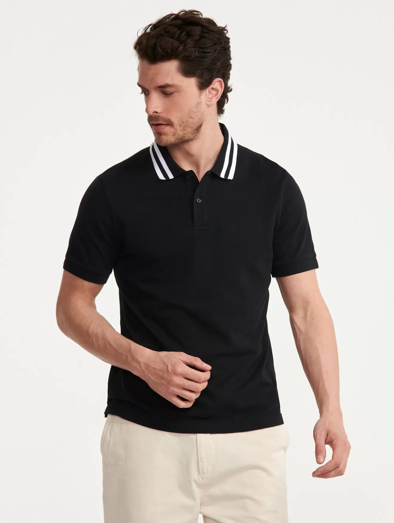 New Aigle Polo Double Bandes Au Col A Manches Courtes Noir