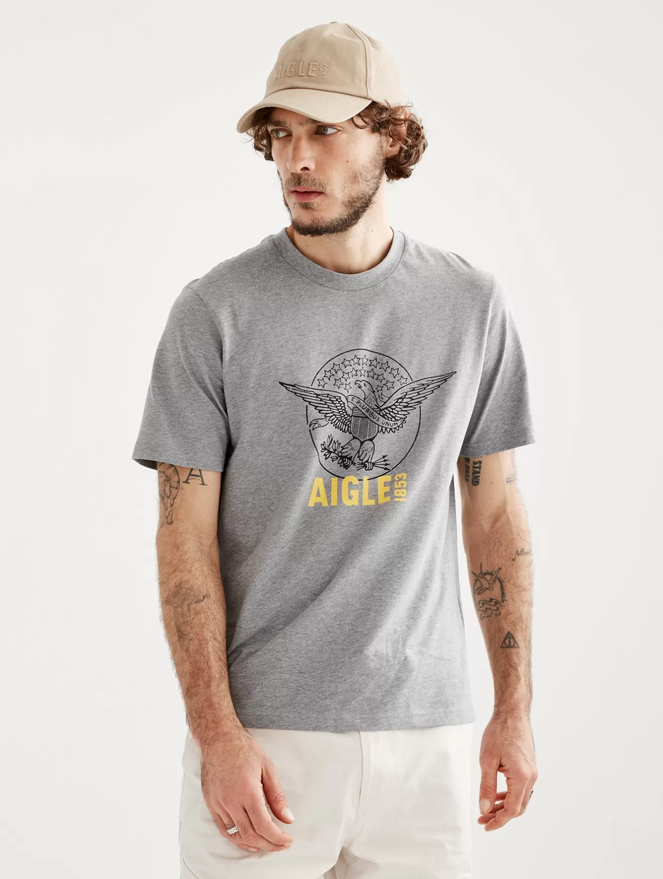 Store Aigle T Shirt Col Rond Imprime Heather Grey